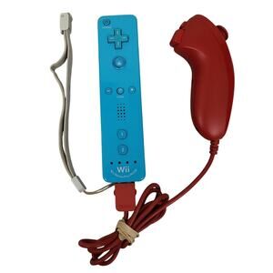Nintendo Wii Remote Motion Plus RVL-036 Aqua Blue w/ Red Nunchuck Tested Works